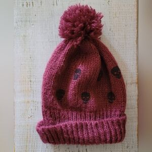 WOODEN SHIPS POPOM KNIT BEANIE TOQUE WOOL MOHAIR PINK BLACK PRINTED SKULLS OS
